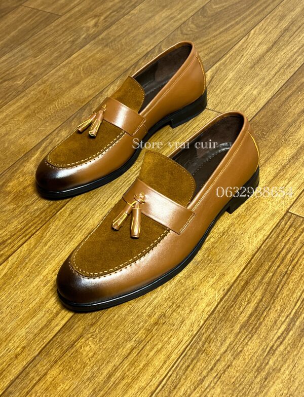 Réf : 162 cuir marron taba+daim & noir tressé