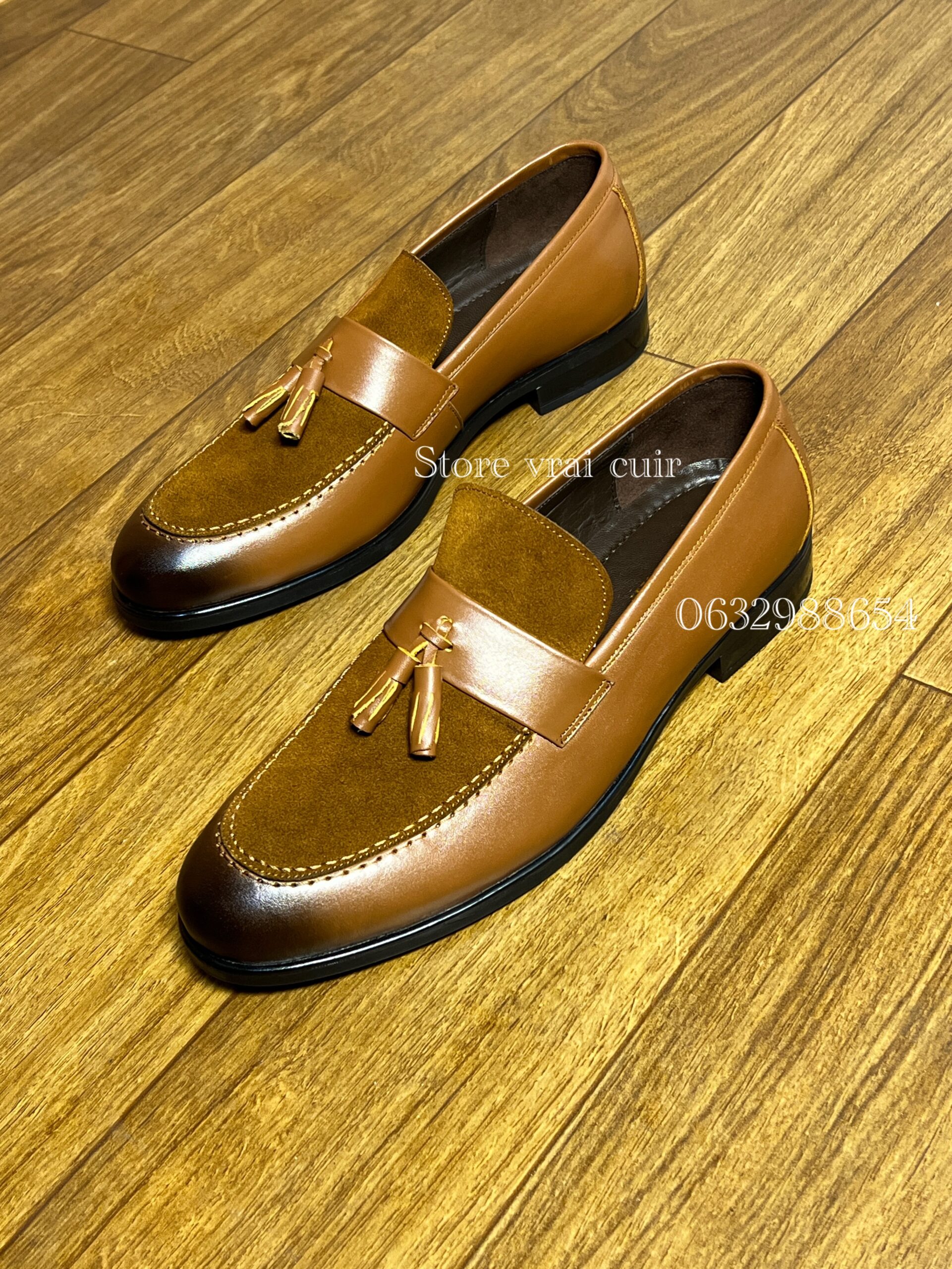 Réf : 162 cuir marron taba+daim & noir tressé