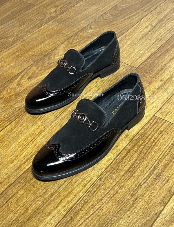 Réf : 021 cuir noir brillant + daim & marron kroko + daim marron avec une boucle